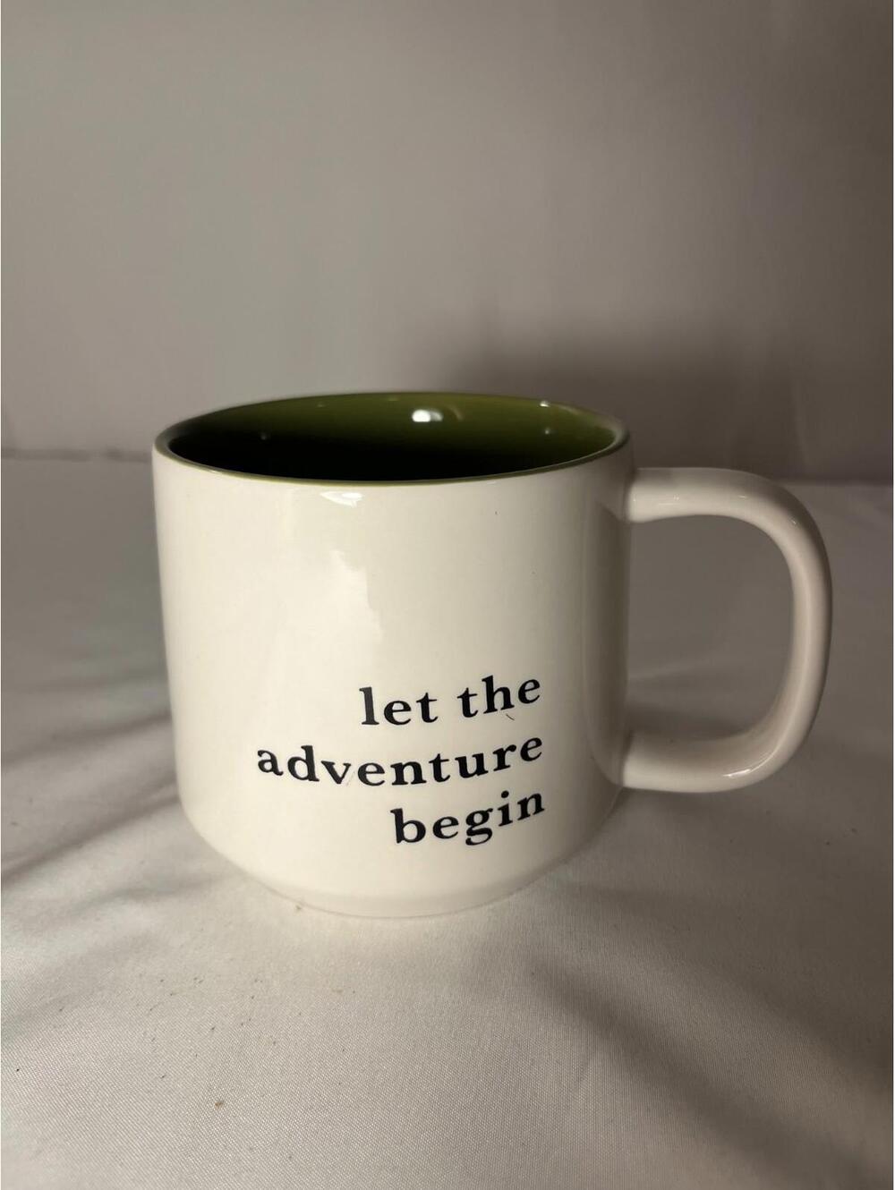 Threshold Stoneware "Let the Adventure Begin" Mug White & Olive Green 16 oz